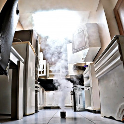 Déclenchement du fumigène anti poisson argent FUMICHOC dans une cuisine