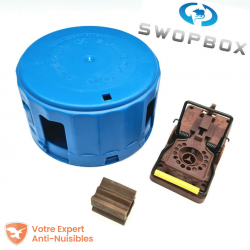 Le piège à souris SWOPBOX comprend la boite sécurisée, une tapette souris Gorilla Traps ainsi qu'un bloc NARA arôme chocolat.