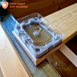 Piège DETECT anti punaise de lit placé sur un sommier de lit.