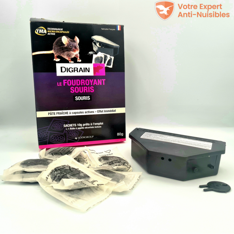 Appât souricide Digrain foudroyant avec sa boite sécurisée + 1 clé + 8 sachets de 10 g d'appâts