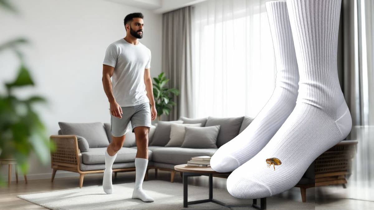 Chaussettes blanches portées par un homme dans son salon pour y repérer la présence d'une puce