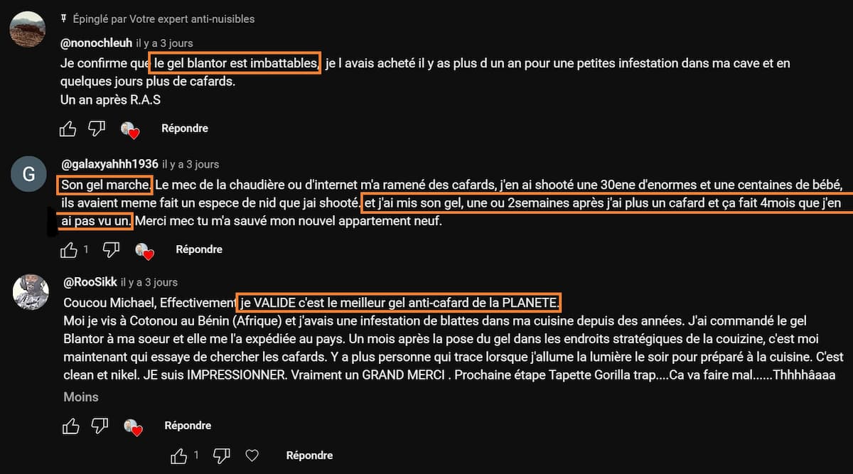 Avis clients de la chaîne YouTube "Votre Expert Anti Nuisibles" à propos du gel BLANTOR