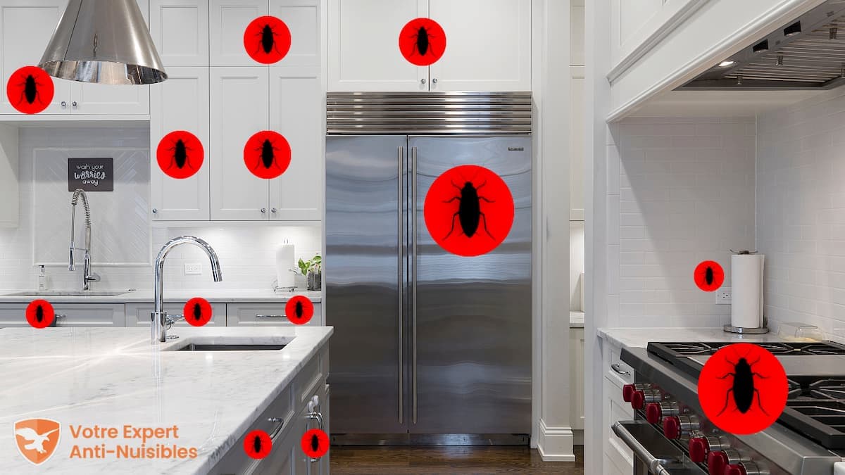 Schéma des cachettes de prédilection des cafards dans une cuisine