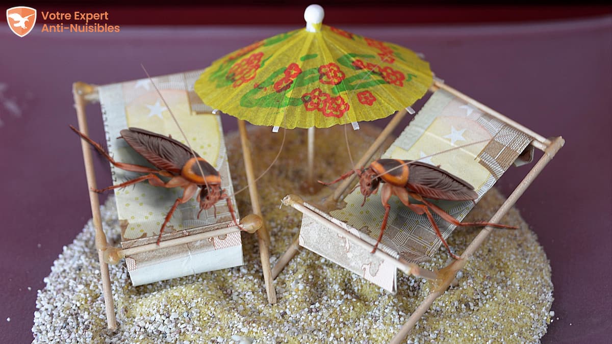 2 cafards se reposant dans des transats à l'abri d'un parasol