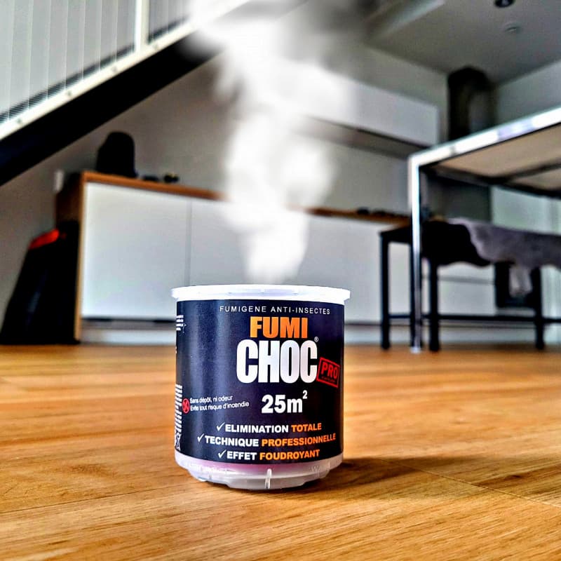 Fumigène anti puce Fumichoc en action
