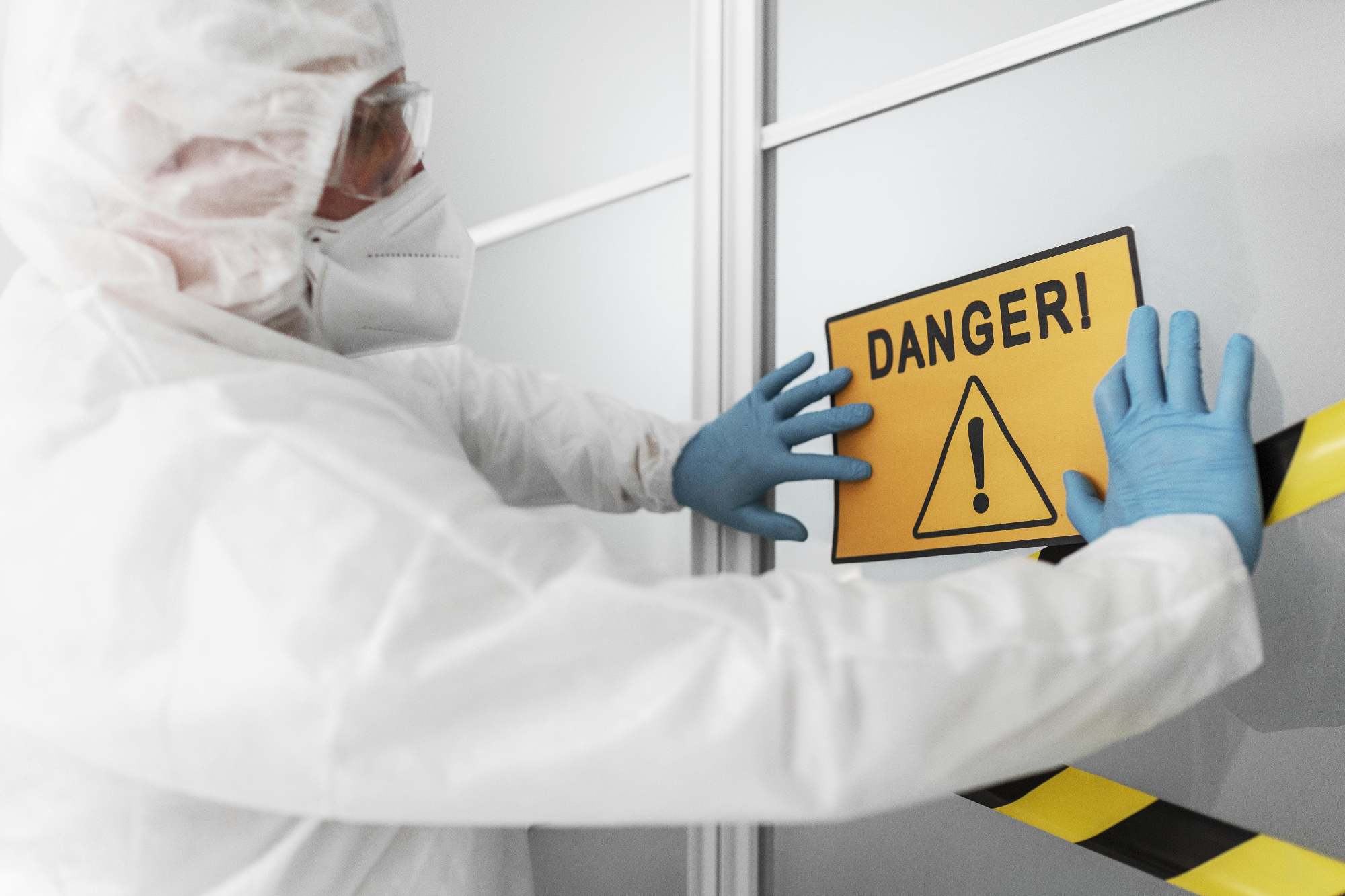 Homme en combinaison plaçant un panneau danger sur une porte