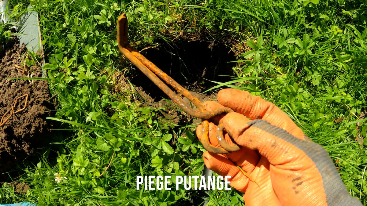 Piège putange en main près d'une galerie de taupe